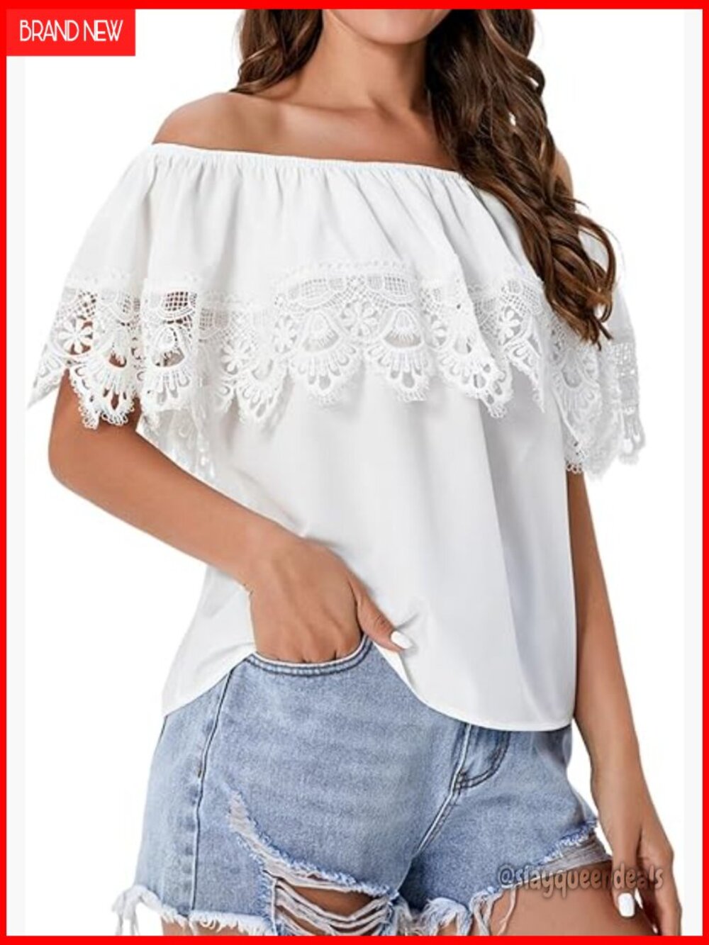 Off Shoulder Lace Ruffle Blouse Short Sleeve Casual Top Stretch Fabric